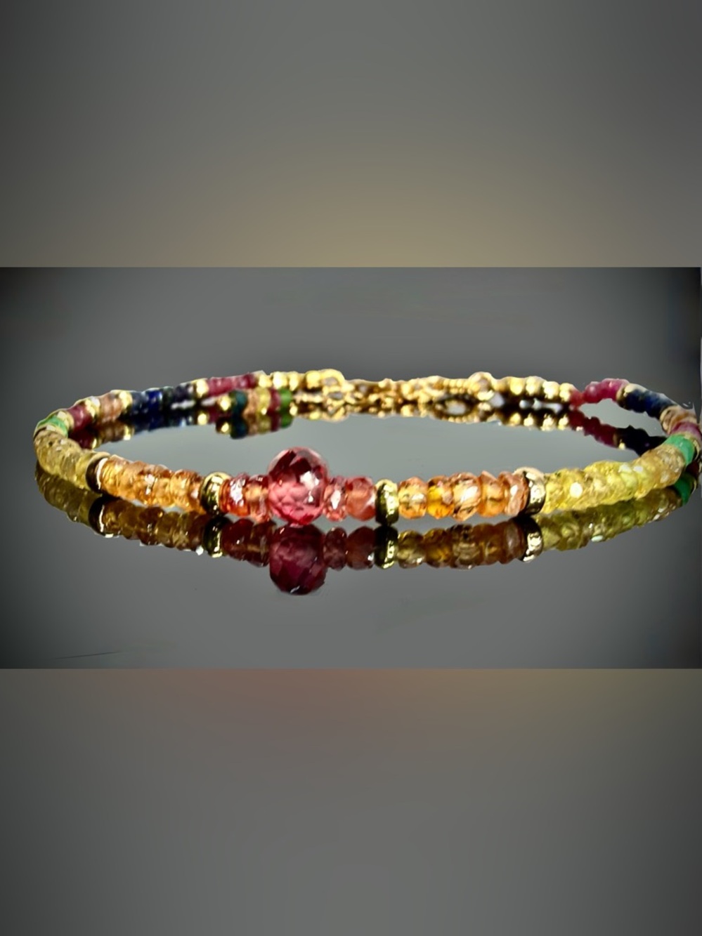 “RARE “ Multi-Colored Sapphire, Padparadscha Focal Bracelet in 14kt Gold Vermeil - Picture 3 of 11